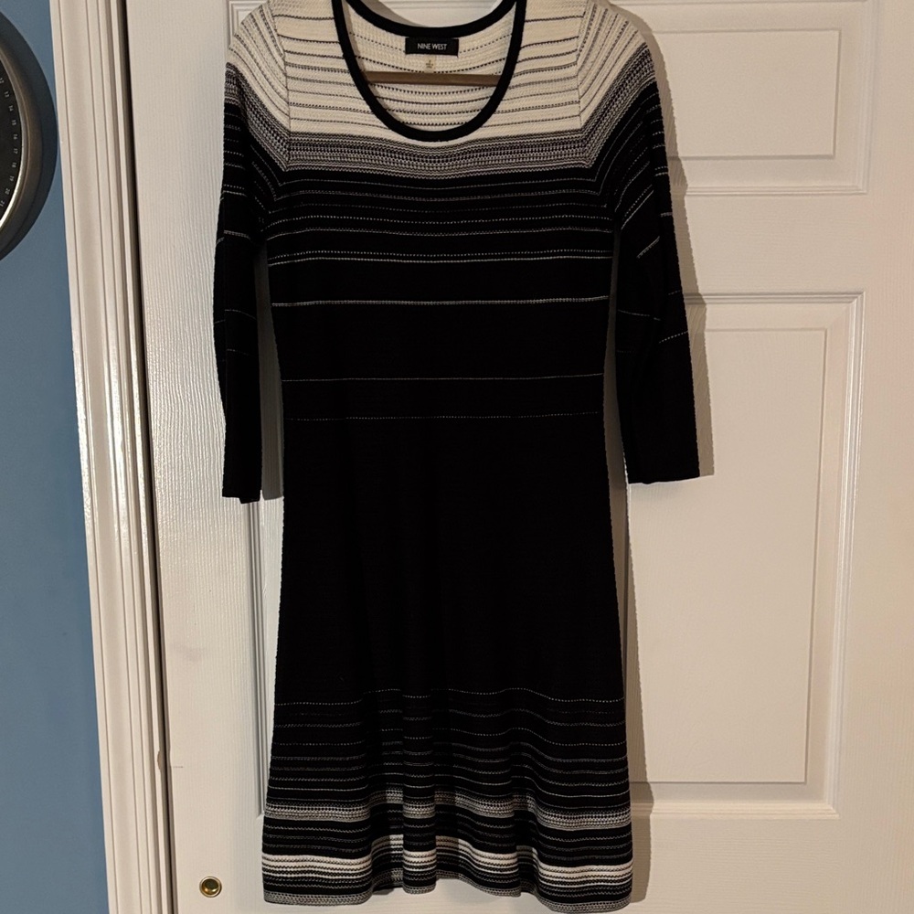 Nine West Black and White Striped Long Sleeve Dress
